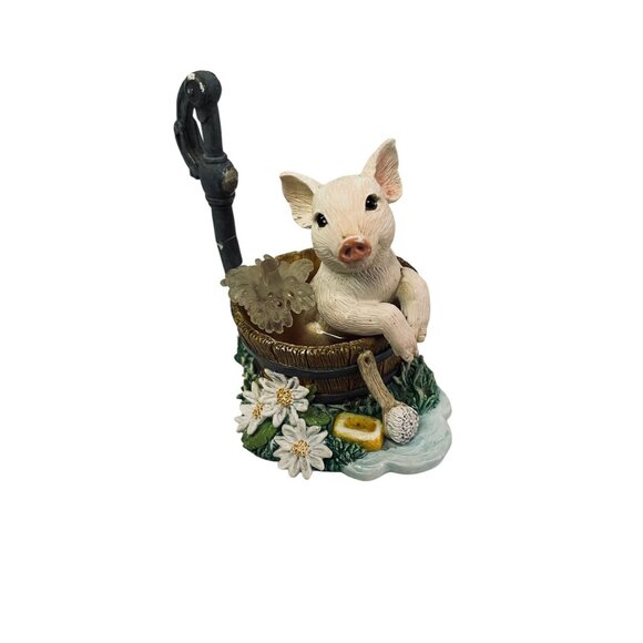 Hamilton Collection Farm Livin Collection Squeaky Pig Blue Bird Bath Figurine - Picture 6 of 13